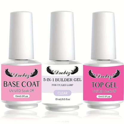 Builder Gel Nail Kit 5-in-1 Clear Nail Extension Gel Set — Primer Brush Repair Gel Nail Strengthening Overlay Kit 0.51oz, Beginner DIY Home Salon for Natural Nails Women Nail Art Starter