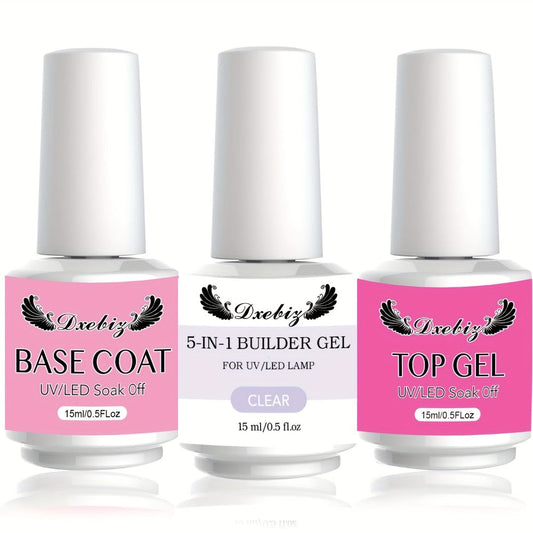 Builder Gel Nail Kit 5-in-1 Clear Nail Extension Gel Set — Primer Brush Repair Gel Nail Strengthening Overlay Kit 0.51oz, Beginner DIY Home Salon for Natural Nails Women Nail Art Starter
