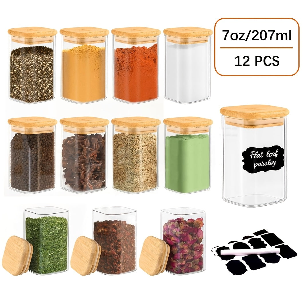 Twelve-Piece Square Glass Spice Jar Set with Bamboo-Style Lids, Labels and 7-Ounce Capacity