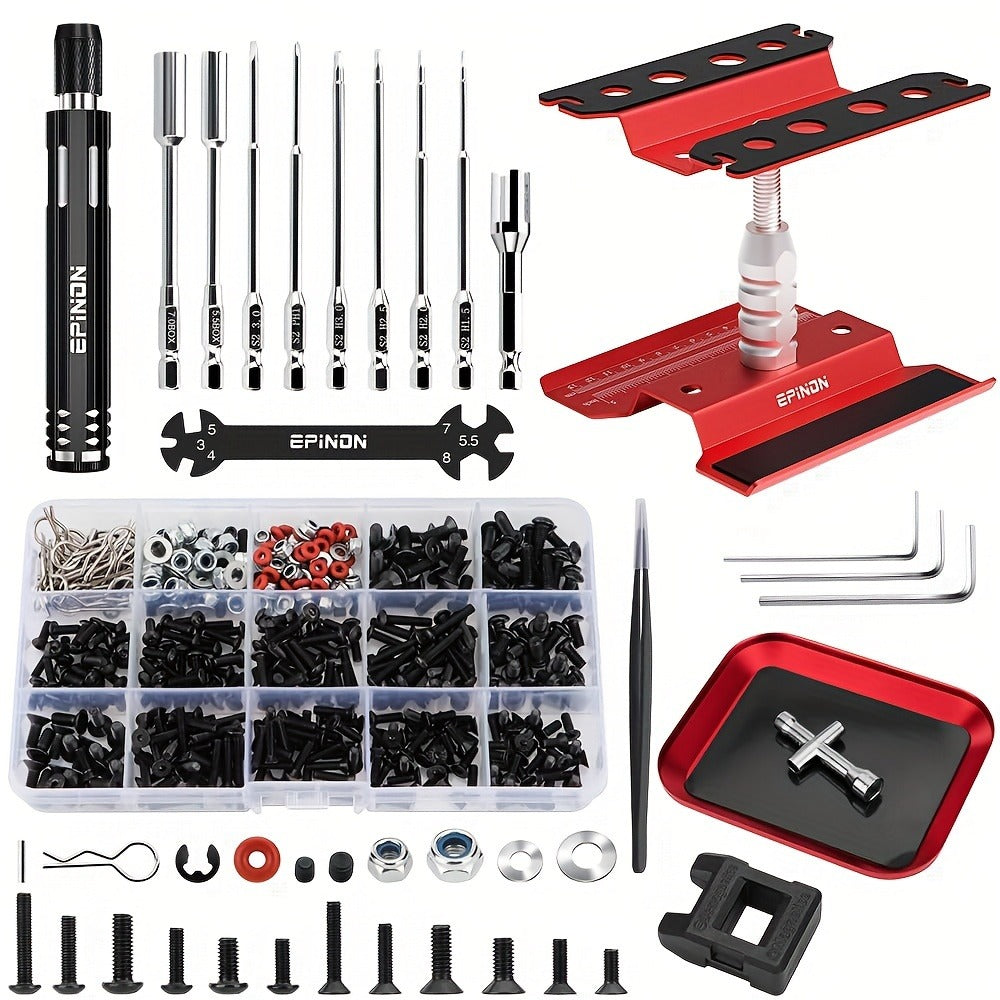 RC Car Maintenance Stand Tool Kit EPINON 360° Rotating Work Stand 520PCS Screw Set Aluminum Screwdriver Bits Compatible with 1/8 1/10 1/12 1/16 1/18 Traxxas Arrma Axial RC Cars Crawlers Trucks Red Blue