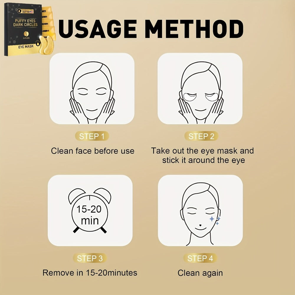 24-Pair Gold-Tone Under-Eye Patch Box with Individual Pouches and Collagen, Glycerin and Hyaluronic Acid Wording