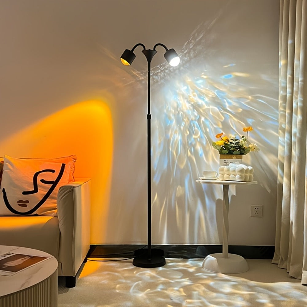 Black Dual-Head Floor Projector Lamp with Two Adjustable Spot Heads, Remote and Color Discs