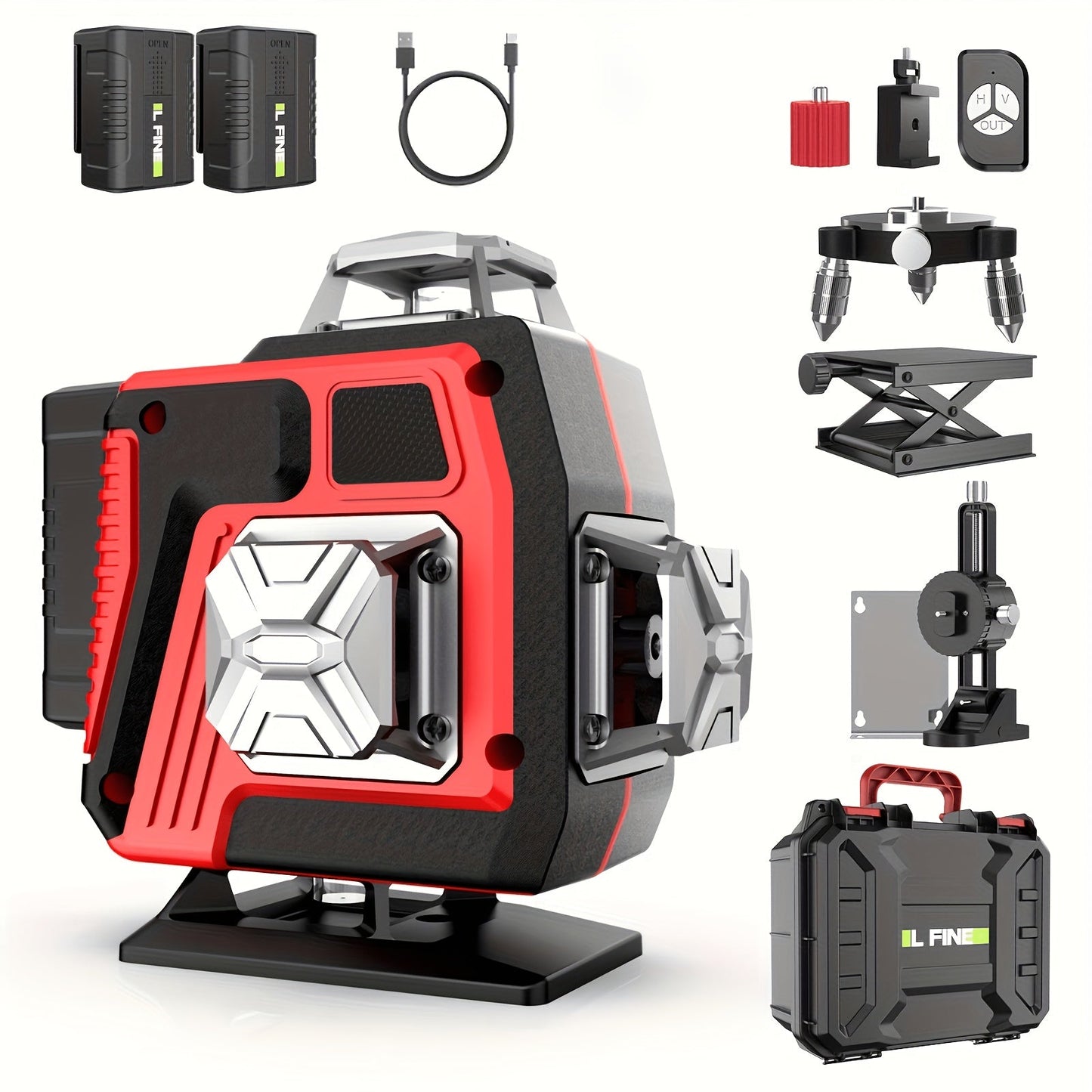 16-Line-Labeled Laser Level Packages in Five Red or Green Housing and Tripod Configurations