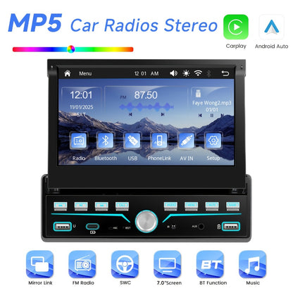 Single Din Car Stereo 7 Inch Flip Out Touchscreen - Wireless CarPlay & Android Auto, 1080P HD, FM Radio, SWC, Voice Control, USB/Type-C/AUX, Backup Camera Compatible