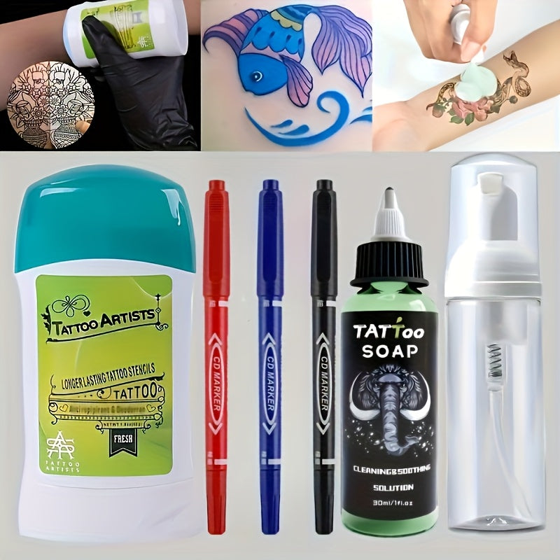 Tattoo Transfer Kit Complete Set with Ink Gel Green Soap Solution & Stencil Markers — Beginner & Professional Temporary Tattoo Art Supplies 6 Piece & 12 Piece Travel Friendly