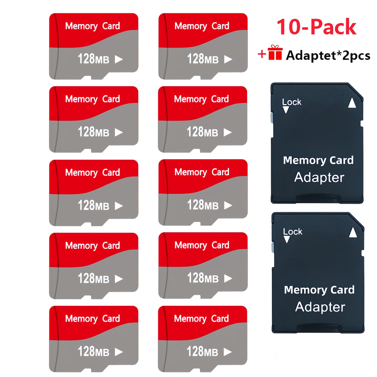 MicroSD Memory Card 10-Pack in 128MB, 256MB or 512MB Capacity Options with Two Full-Size SD Adapters