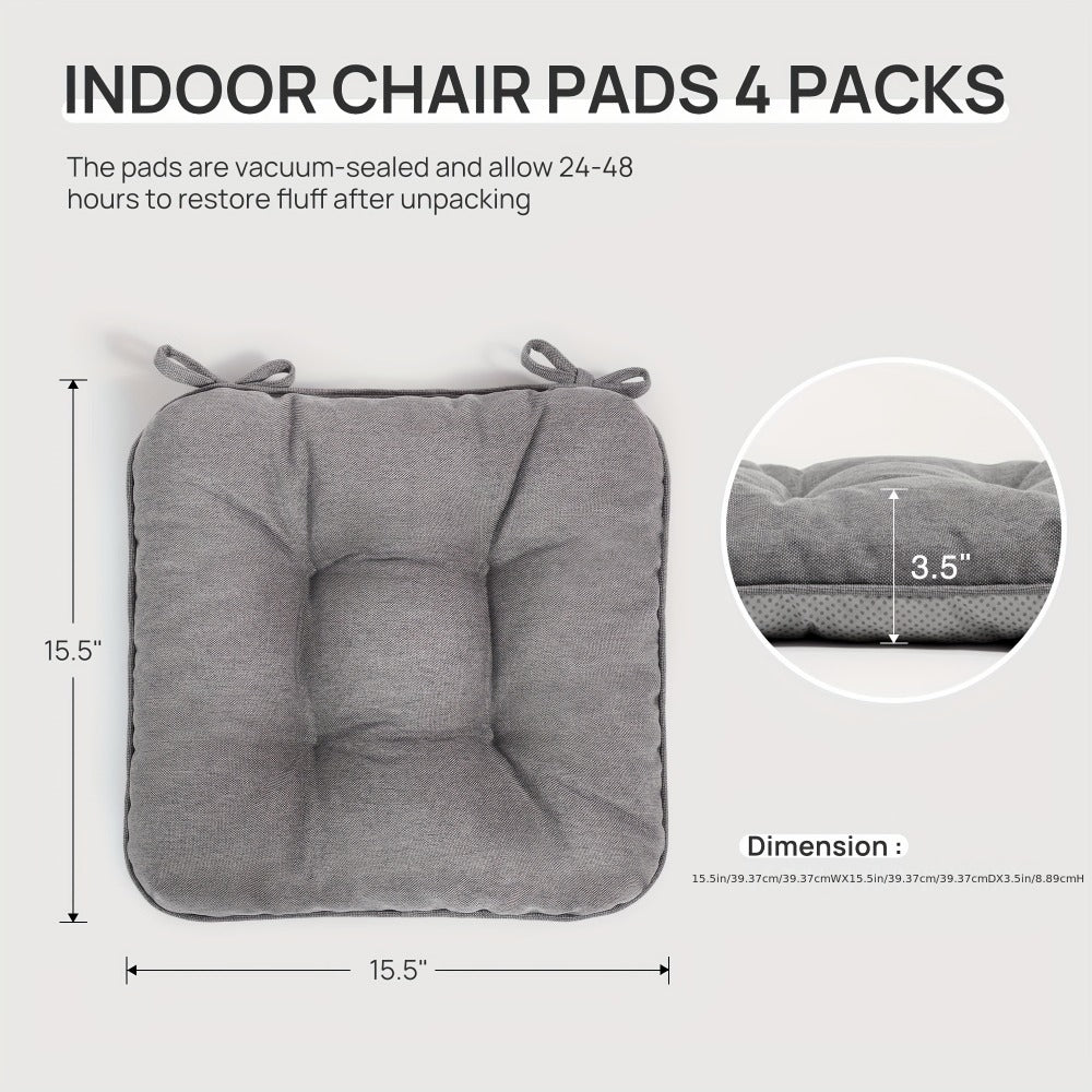 Tufted Chair Cushion Set with Four 15.5-Inch Pads, Tie Straps and 11 Solid Color Choices for Dining Chairs