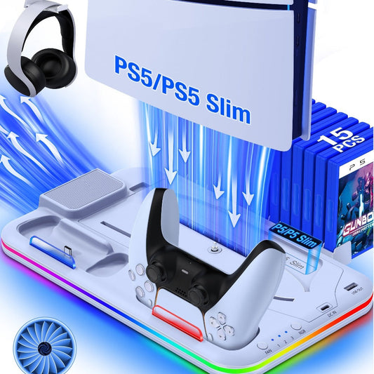 15-Game Storage PS5 Slim Stand with RGB Cooling Fan & Dual Controller Charging Station – Compatible with PS5 Slim Disc & Digital Edition, PlayStation 5 Accessories with RGB Light