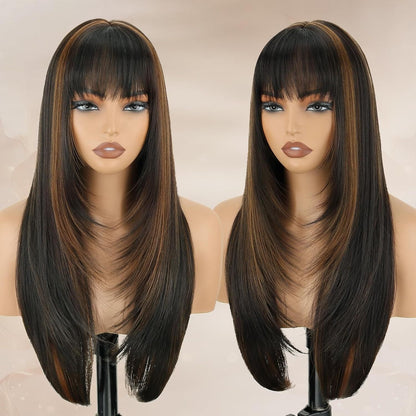 Long Straight Synthetic Lace-Front Wig with Curtain Bangs and Five 26-Inch Solid or Gradient Color Options