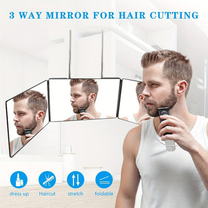 Hair Cutting Mirror 3 Way with LED Light - 360° View Trifold Barber Mirror, Adjustable Height, Door Hang Wall Mount or Tabletop