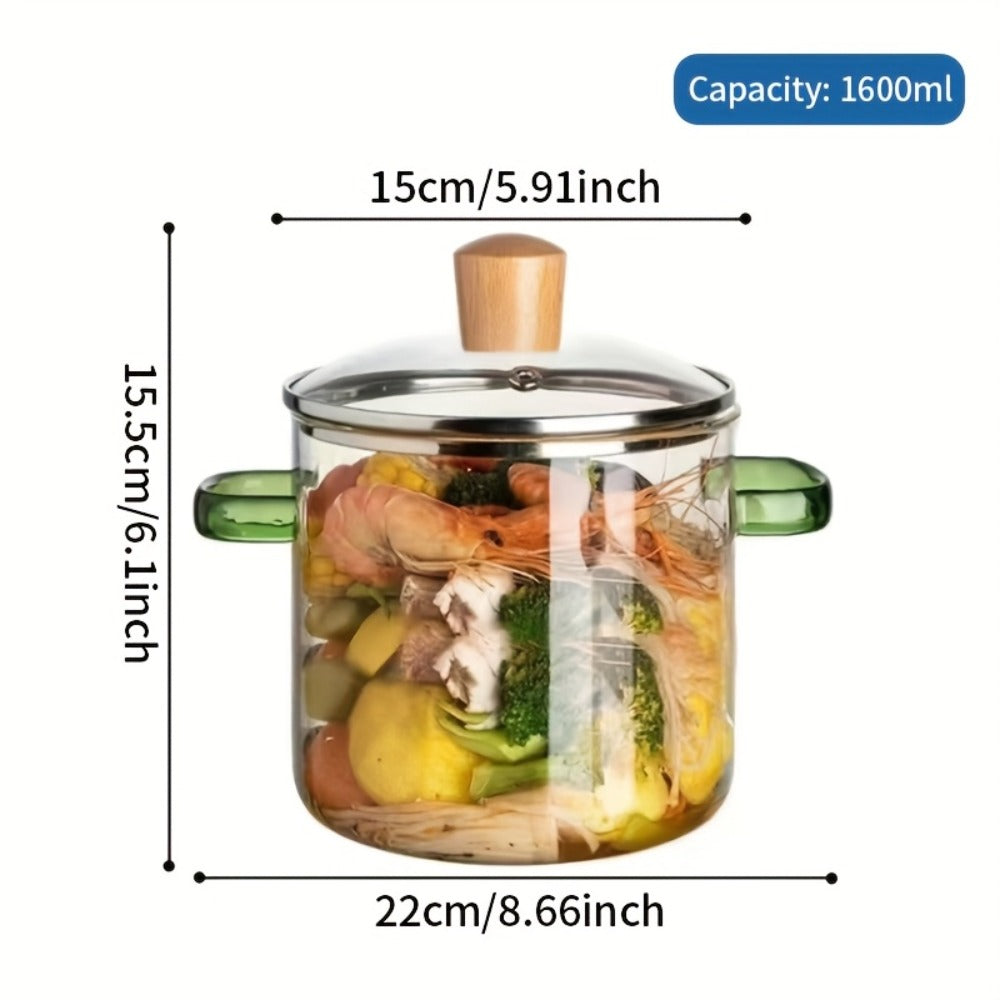 Glass Cooking Pot 54oz 1600ml Borosilicate Heat-Resistant with Lid – Transparent Dumpling & Ramen Pot for Stove & Oven | Odorless Easy-Clean Soup Milk Pot with Green or Yellow Stainless Steel Handle