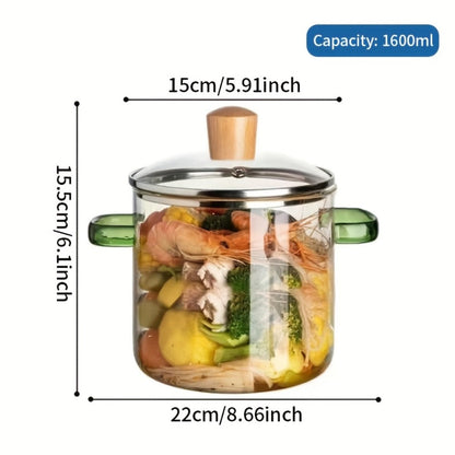 Glass Cooking Pot 54oz 1600ml Borosilicate Heat-Resistant with Lid – Transparent Dumpling & Ramen Pot for Stove & Oven | Odorless Easy-Clean Soup Milk Pot with Green or Yellow Stainless Steel Handle