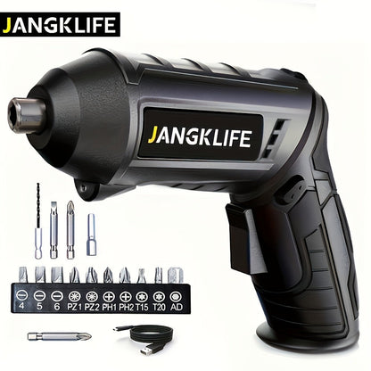 Sixteen-Piece Electric Screwdriver Set, 90-Degree Rotatable Cordless Driver with 1200mAh Rechargeable Battery