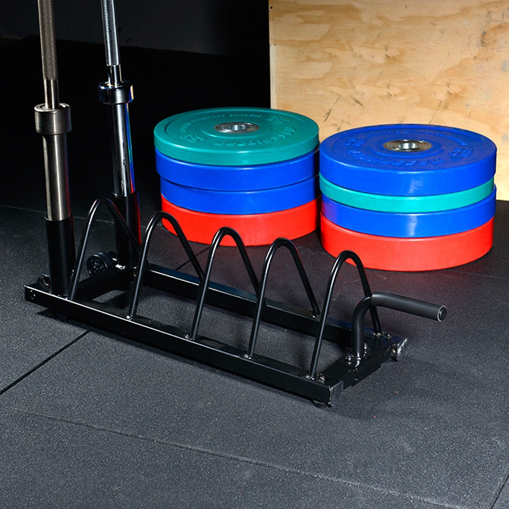 Barbell & Weight Plate Storage Rack with Wheels & Handle – 300 lb Capacity, 2 Barbell Holders, 4 Plate Slots, Powder Coated Steel for Home Gym & Garage Organization