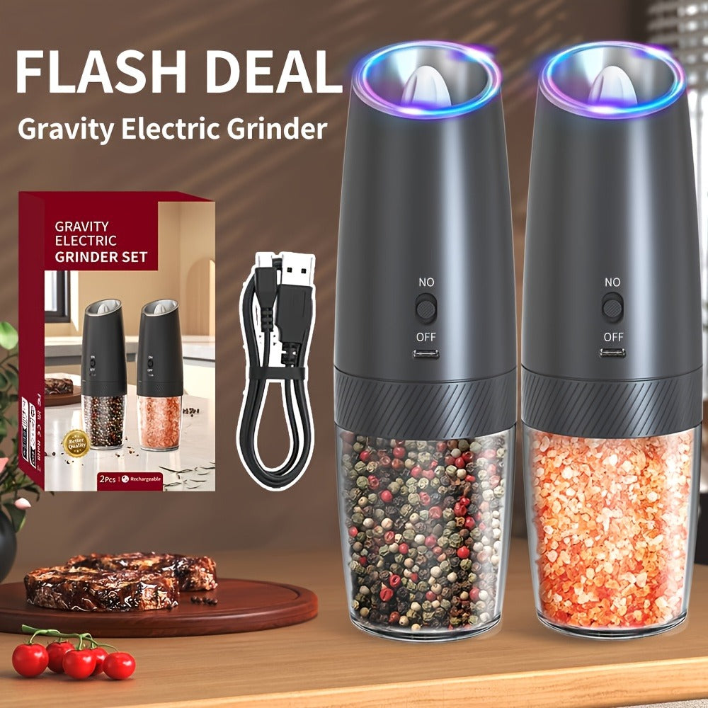 Gravity-Activated Electric Spice Grinder with LED Ring, Adjustable Grind and USB-C or Two-Piece Options
