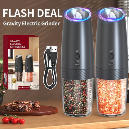 Gravity-Activated Electric Spice Grinder with LED Ring, Adjustable Grind and USB-C or Two-Piece Options