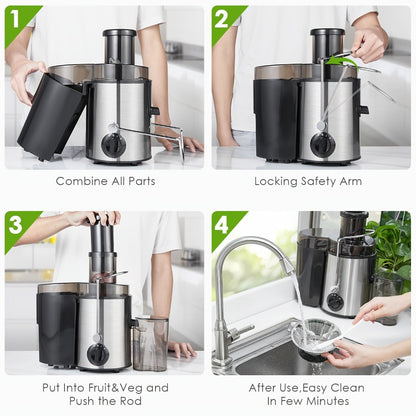 Black-and-Silver Centrifugal Juicer with Rear Pulp Bin, Juice Cup and 8cm-Labeled Feed Opening
