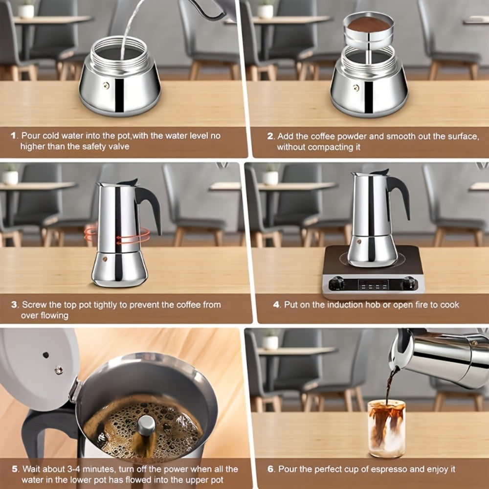 Straight-Sided Stovetop Moka Pot with Reusable Filter, Safety Valve and 2-, 4-, 6-, 9- or 12-Cup Options