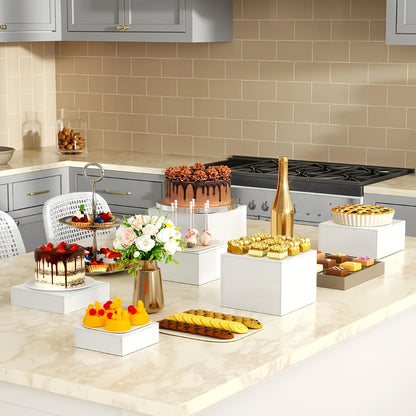 Display Stands 6pcs Five-Sided Square Buffet Risers - White Transparent Dessert Cake Display Storage Rack for Party Wedding Catering Retail Boutique Gallery Home Decor