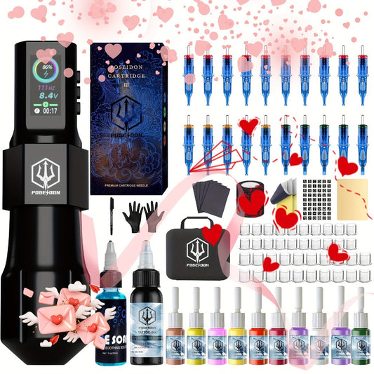 Professional Tattoo Machine Kit Wireless with LED Display - LTK08 Rotary Pen 20 Needles 11 Inks Practice Skin Carrying Bag Blue Soap Complete Tattoo Supply Set for Artists & Beginners