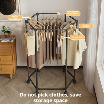 Rotating Hexagonal Garment Rack with Six-Sided Hanging Frame, Casters and Black or White Mesh-Bag Options