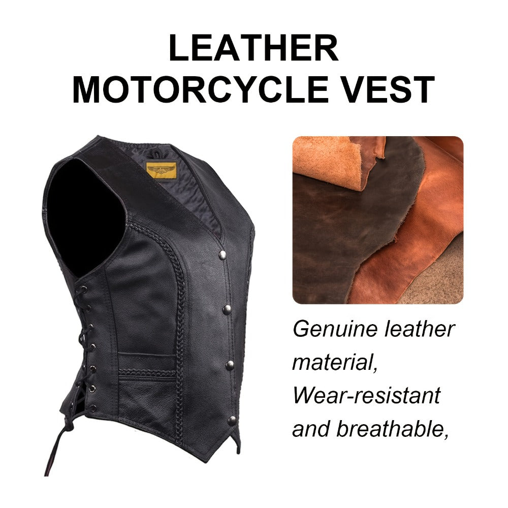 Women's Leather Motorcycle Vest – Concealed Carry Pockets, Lace-Up Sides, Metal Eyelet Accents, Adjustable Straps, Edgy Biker Style, Black, Sizes XS to XXXXXL