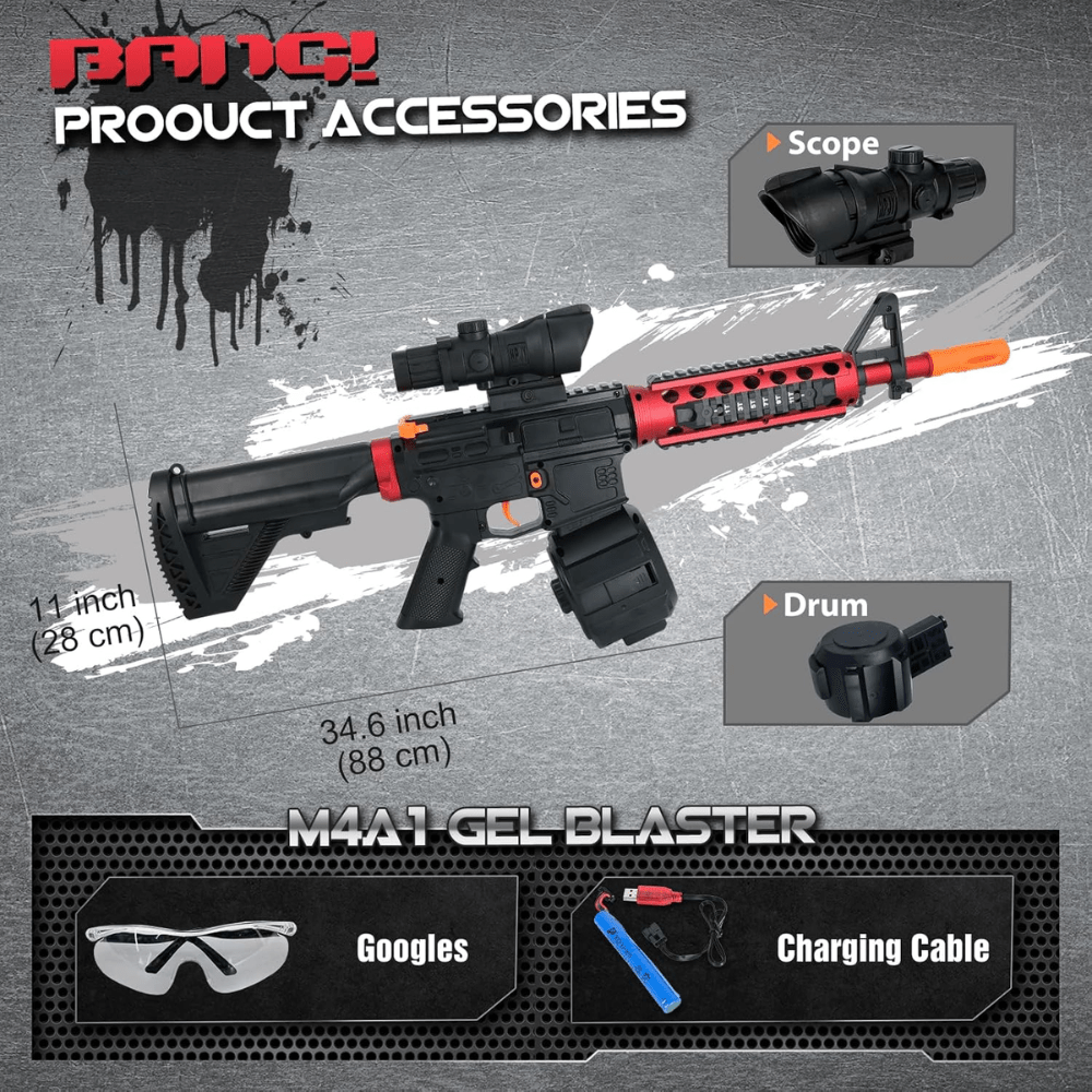 Red-and-Black M416-Style Electric Gel Blaster Set with Scope, Drum, Magazine, Goggles and Charging Cable