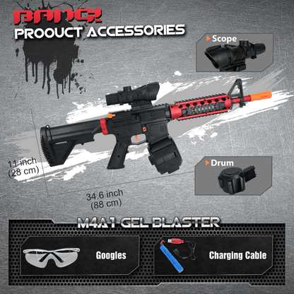Red-and-Black M416-Style Electric Gel Blaster Set with Scope, Drum, Magazine, Goggles and Charging Cable