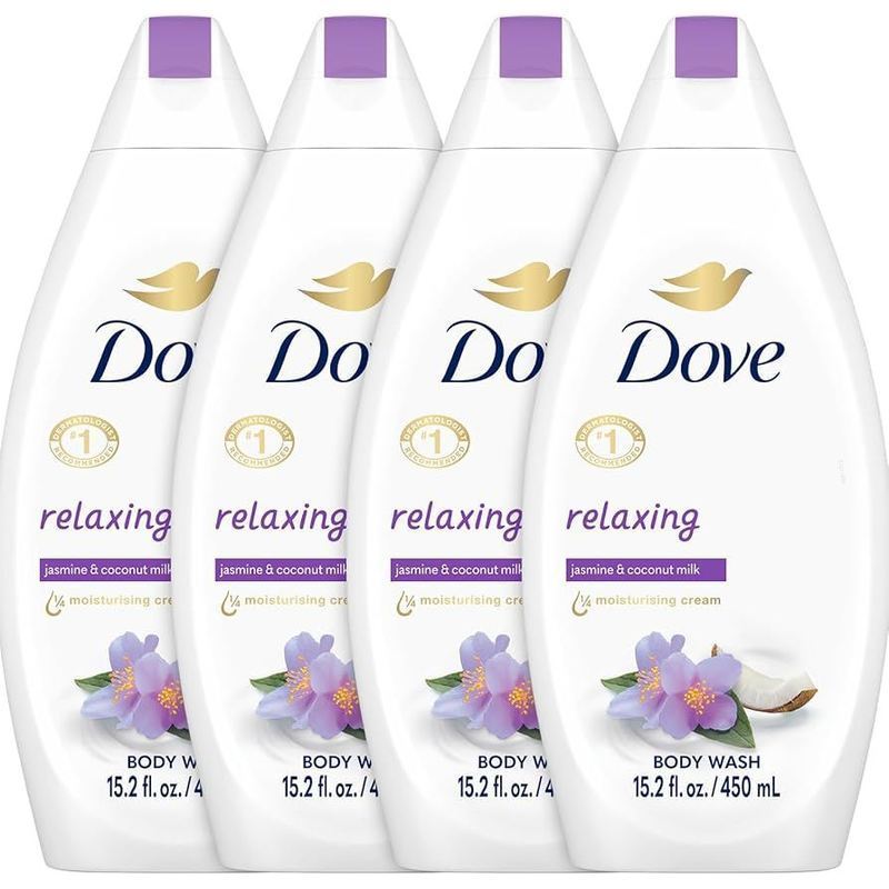 Four-Pack Dove Body Wash with Coconut Milk and Jasmine Petals Label, 450ml Flip-Cap Bottles