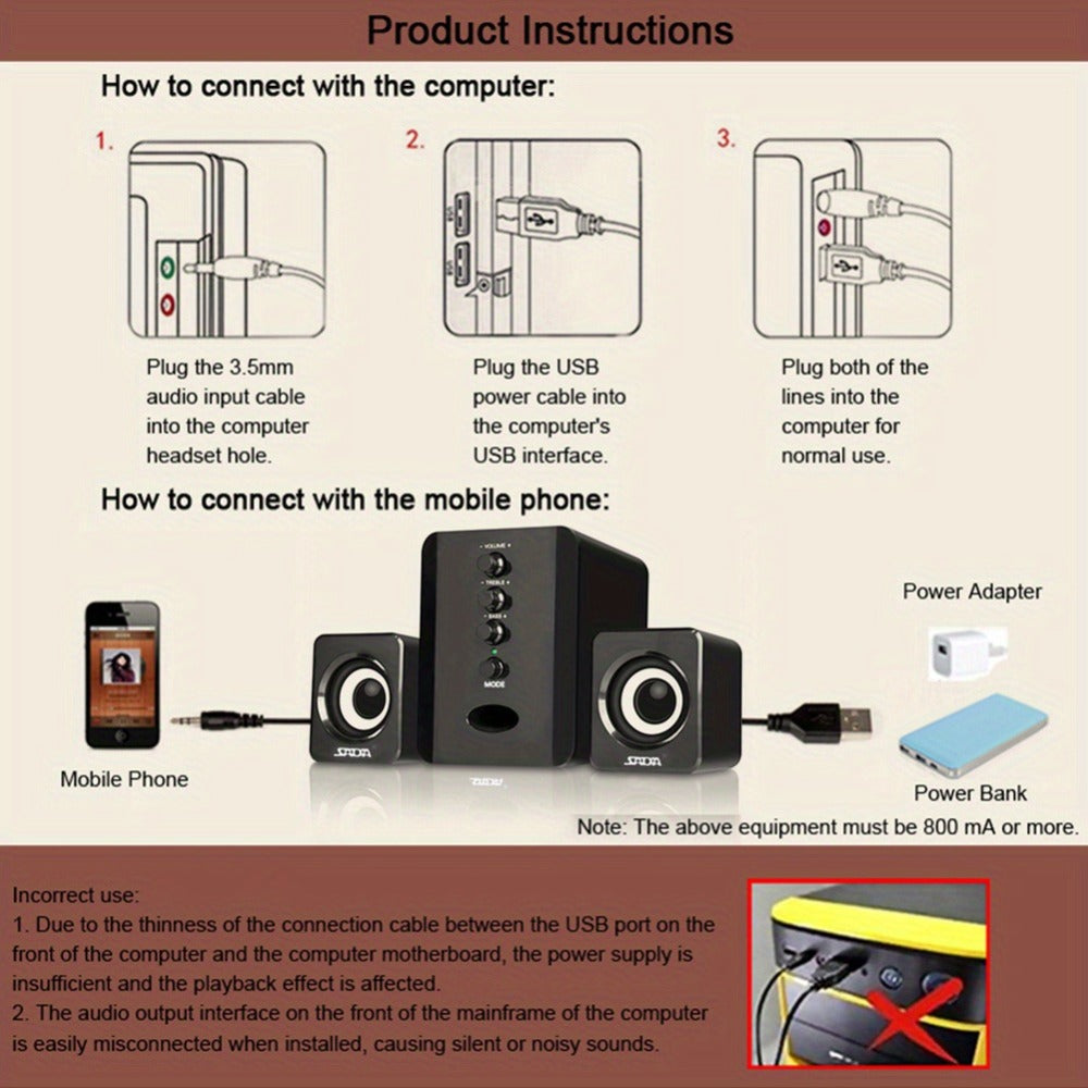 2.1 Mini Desktop Speaker System USB Powered with Independent Treble Bass Control for Bedside Audio, Alarms and Room Entertainment