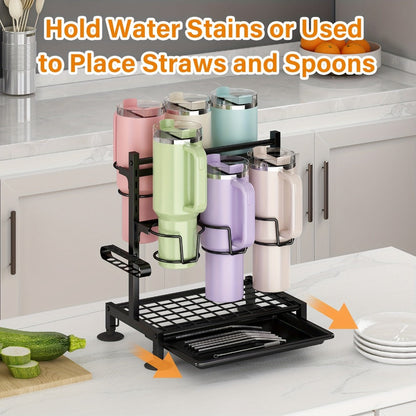 Six-Grid Adjustable Cup and Tumbler Storage Rack with Vertical Dividers, Drip Tray and Countertop Feet
