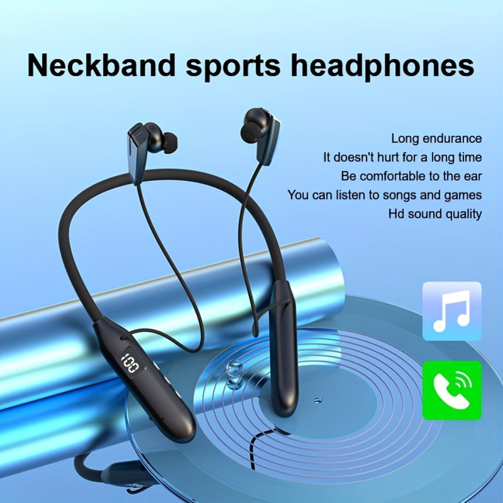 Neckband Sport Bluetooth Earphones Wireless In-Ear Flexible Neckband Extra Long Battery Life LED Display Running Gym Workout Calls Gaming Outdoor Activities Black