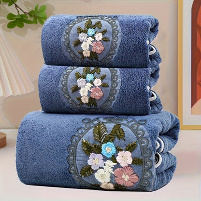 Towel Set 3-Piece Embroidered Flower Bath and Face Towels in White, Blue, Pink or Gray for Home and Guest Use