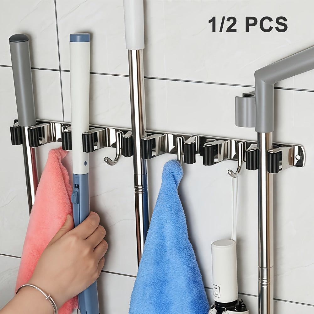 Mop and Broom Holder Wall Mount – Stainless Steel Heavy Duty Self Adhesive Rack with 5 Slots & 4 Hooks, No-Drill Storage Organizer for Kitchen Garage Laundry Garden Home