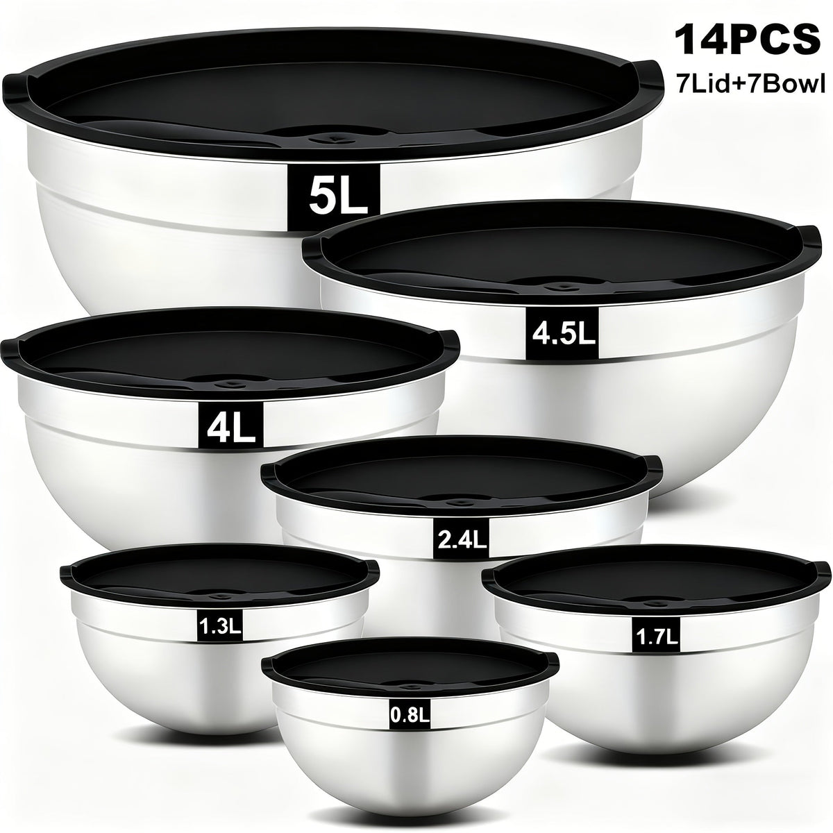 Stainless Steel Mixing Bowls with Airtight Lids Set of 14 Seven Nesting Bowls 0.7 to 4.5QT for Home Cooking, Dining and Outdoor Meals