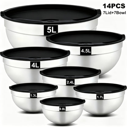 Stainless Steel Mixing Bowls with Airtight Lids Set of 14 Seven Nesting Bowls 0.7 to 4.5QT for Home Cooking, Dining and Outdoor Meals
