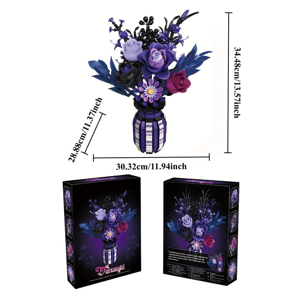 1218-Piece Gothic Flower Bouquet Building Block Model with Mixed-Color Blooms and Brick-Built Vase