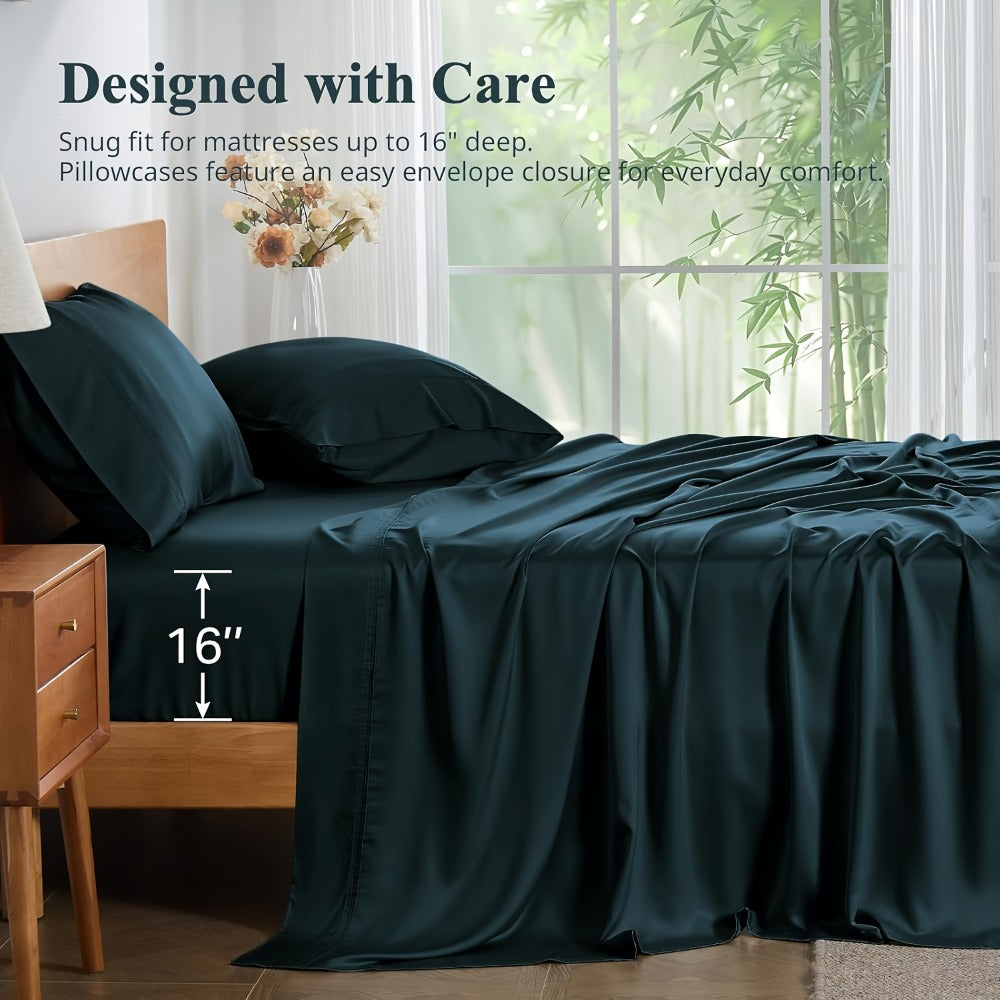 Four-Piece Rayon-from-Bamboo Sheet Set in 12 Solid Colors for Twin, Full, Queen or King Beds