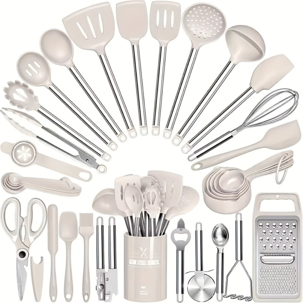 Silicone Cooking Utensils Set 34 Piece with Stainless Steel Handle, Heat Resistant Kitchen Gadgets Tools for Nonstick Cookware, Spatulas Spoons Tongs Whisk Complete Kitchen Accessories Gift Set