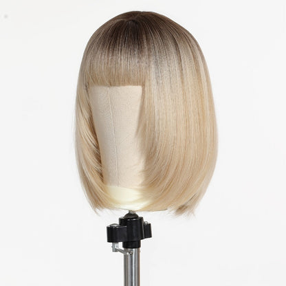 Synthetic Wig 14-Inch White Golden Straight Style with Full Bangs and Glueless Rose Net Cap