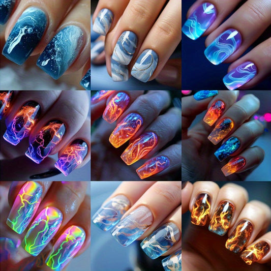 Green Glitter Press On Nails 216 Pieces 9 Packs – Medium Ballet Coffin False Nails with Lightning Bolt & Striped Bold Designs | Glossy Full Cover Removable Fake Nails for Women Girls | Edgy Festival Party