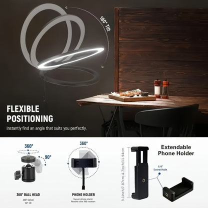 10-Inch Ring Light with Inline Cable Controls, Phone Holder and Desktop Bracket or Mini Tripod Options