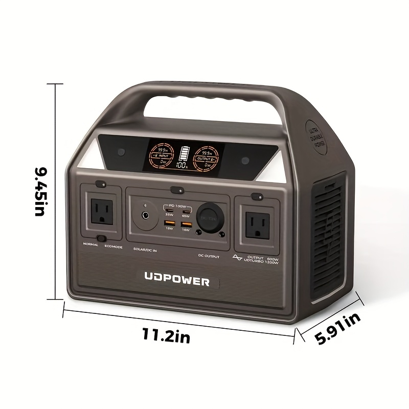 Portable Power Station 595Wh 600W with LiFePO4 Cell Pack, Nine Outputs, USB-C PD and 1200W Surge