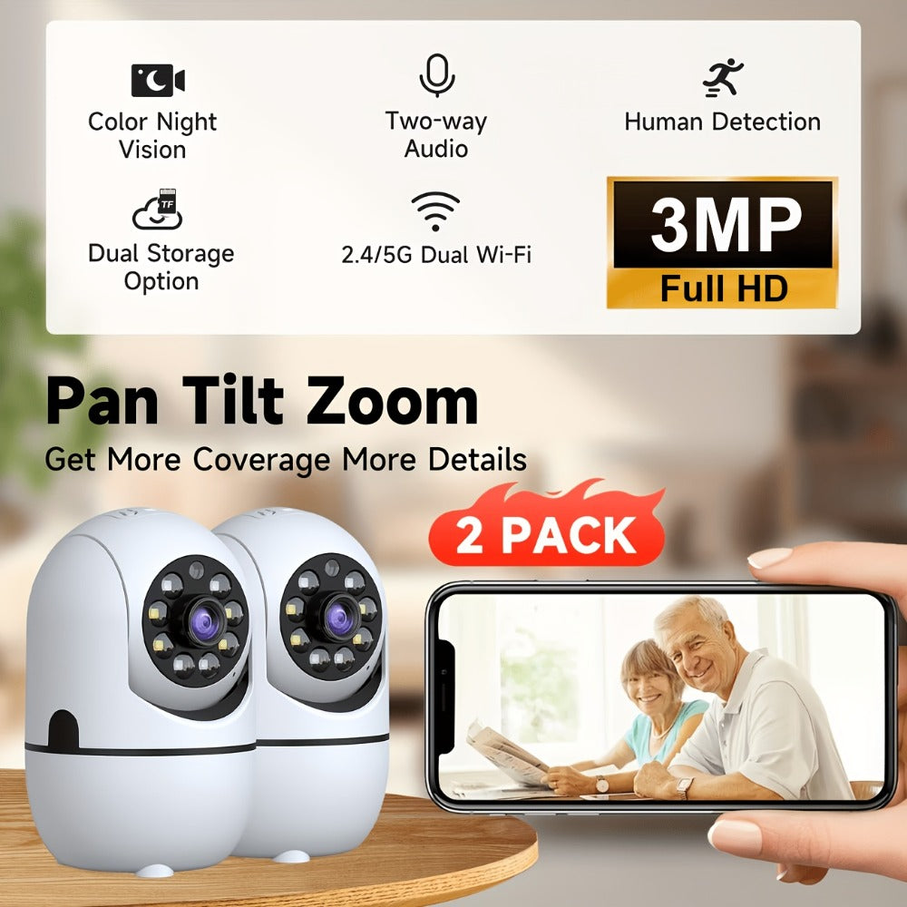 Indoor Security Camera with 355° Pan-Tilt, Color Night Vision, Two-Way Audio and Pack Options
