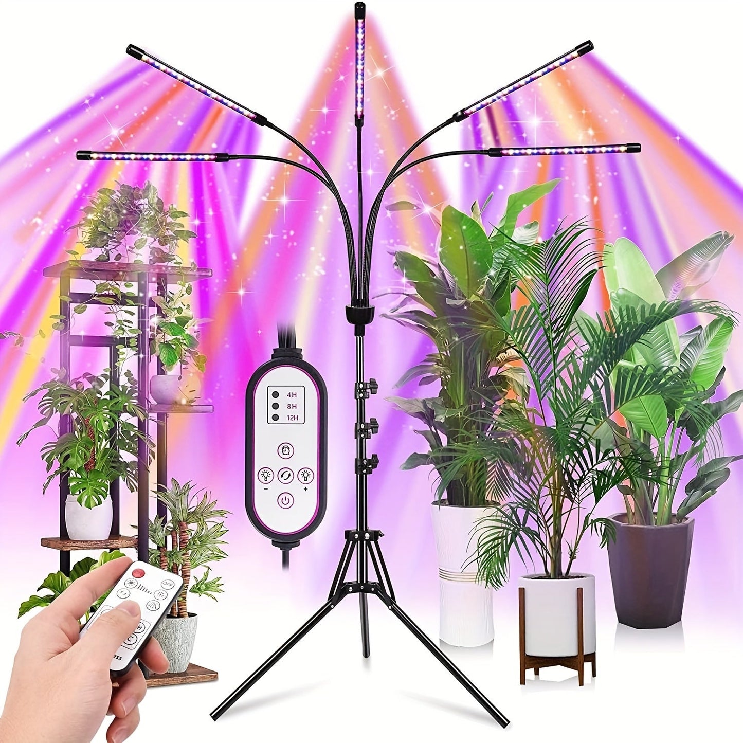 Remote Control Grow Light 4/5 Head Red Blue White Full Spectrum | 29-61'' Adjustable Tripod Stand Auto Timer | Indoor Plants Wireless Floor Lamp