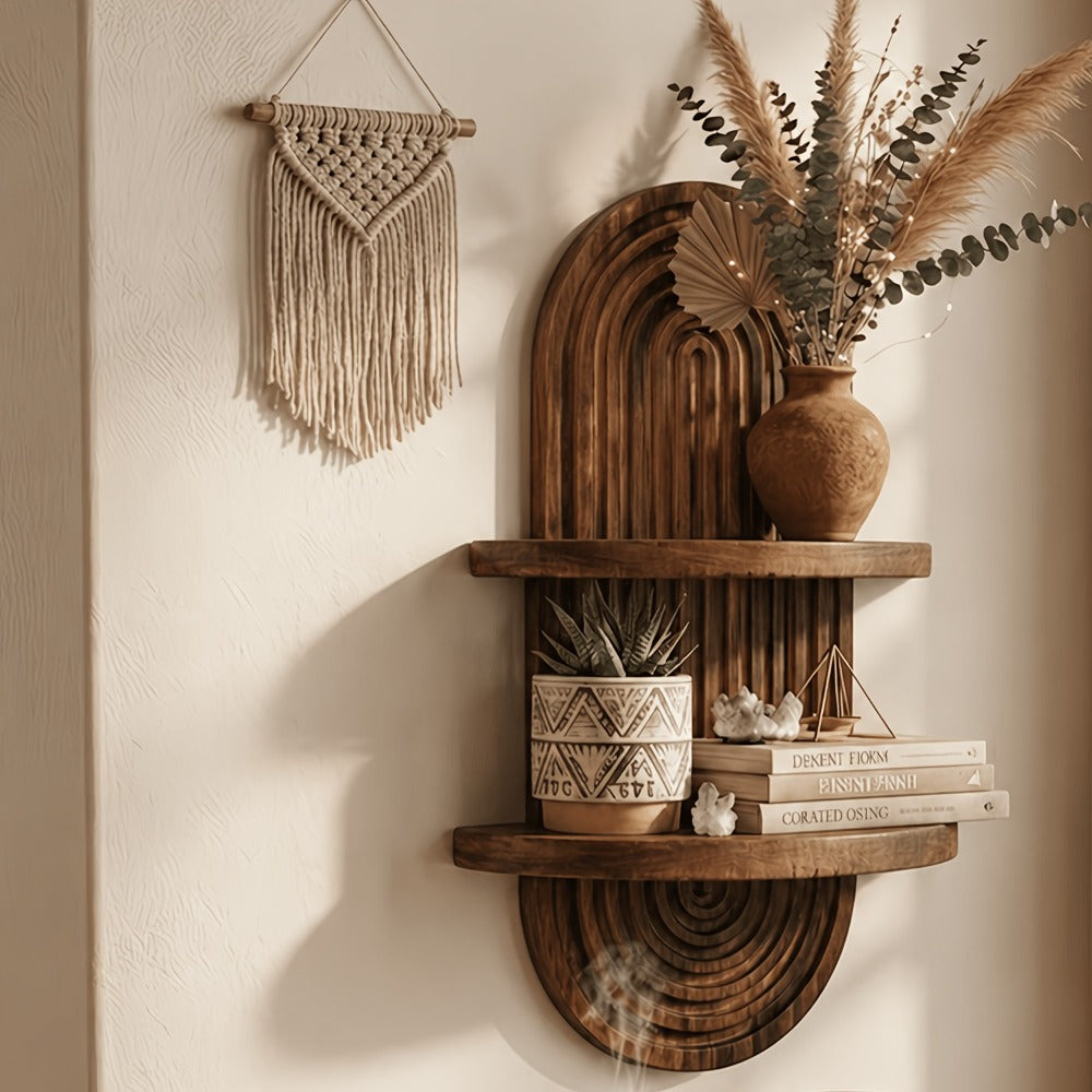 Two-Tier Bohemian Rainbow Arch Floating Wall Shelf in Log Color with Solid-Wood Display Platforms