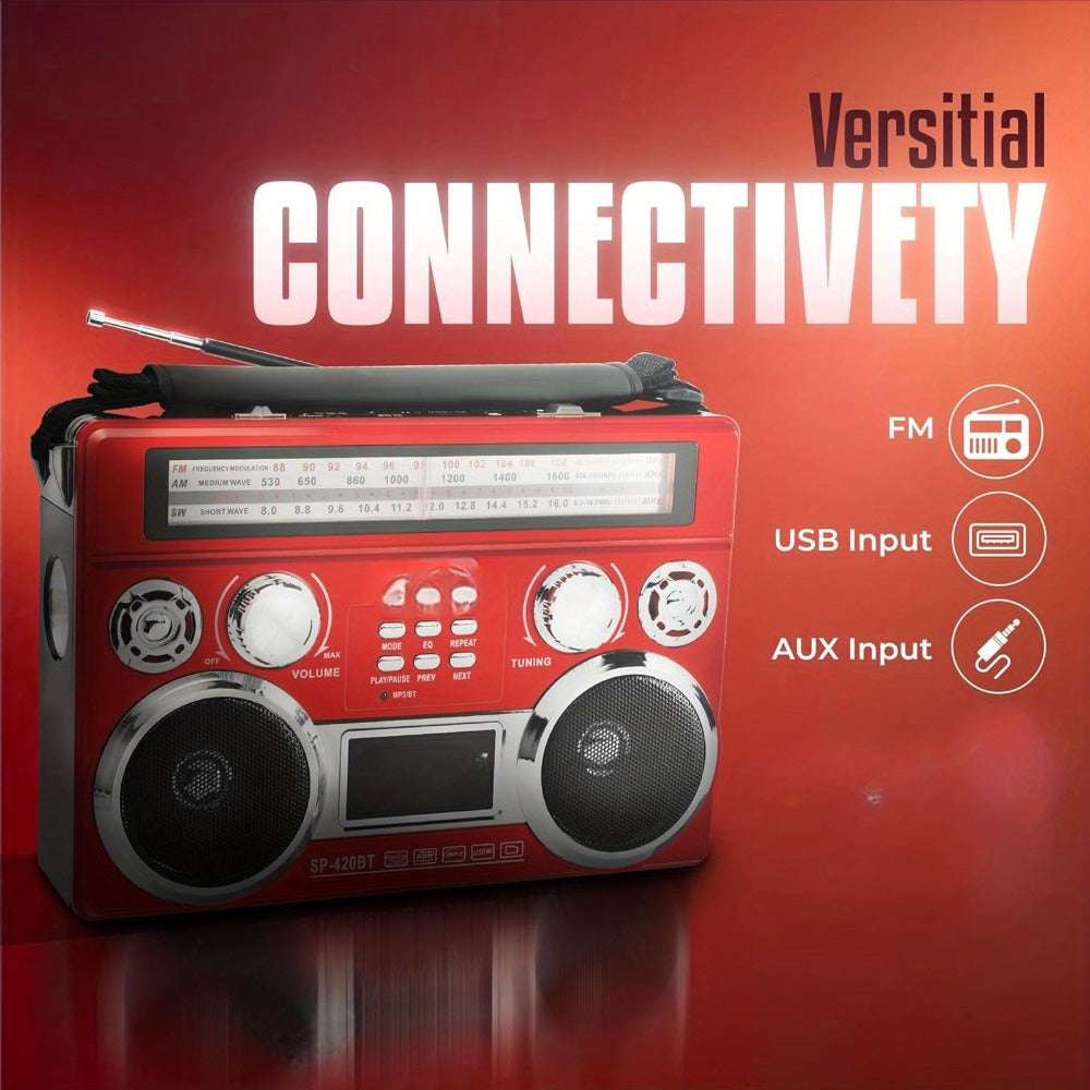 Solar Powered Bluetooth Radio Retro Portable AM FM SW with LED Flashlight, TF SD USB AUX MP3 Playback, Telescopic Antenna & Leather Handle for Camping Emergency Outdoor