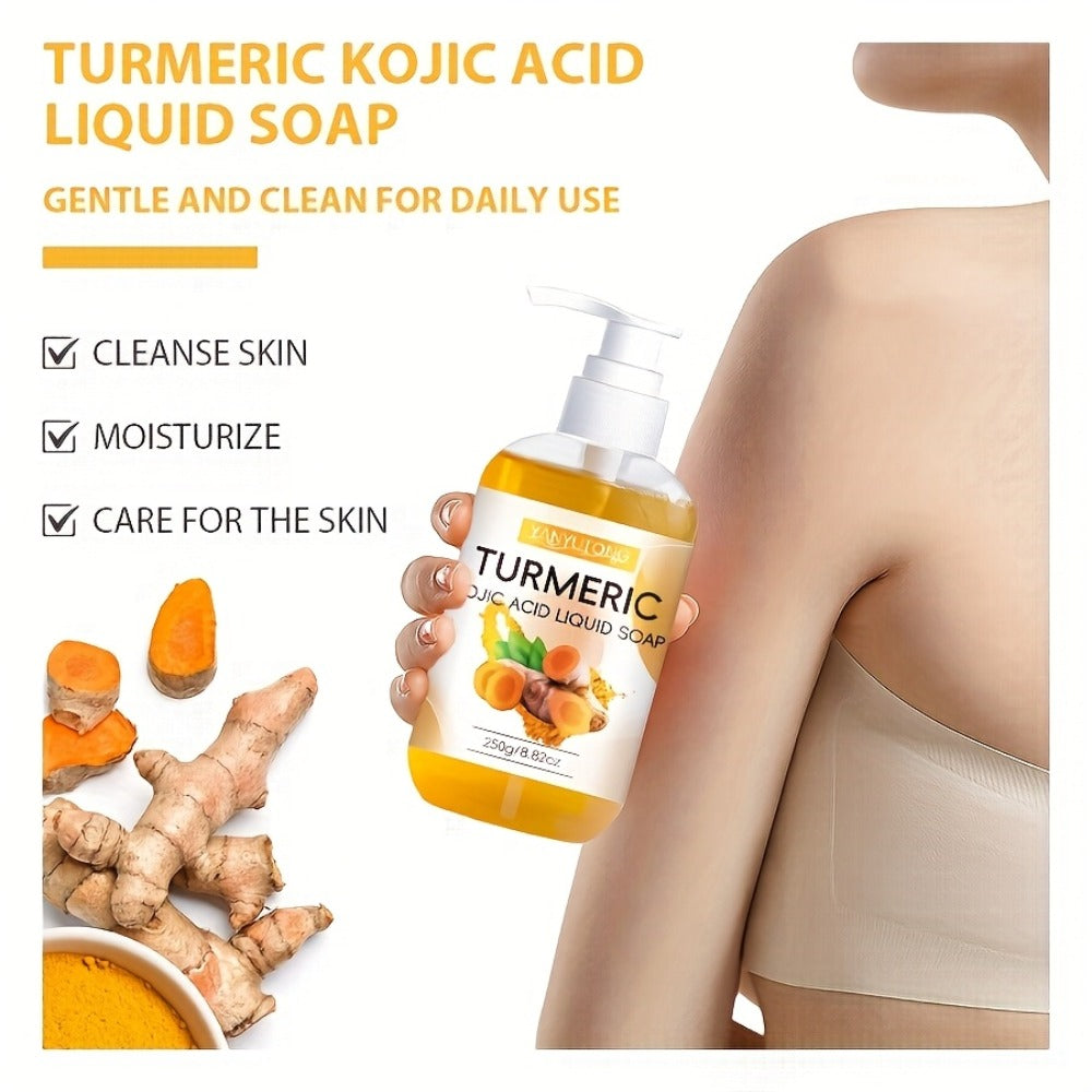 Turmeric and Kojic Acid Liquid Body Wash in a 250g Amber Pump Bottle with Single-Piece Option