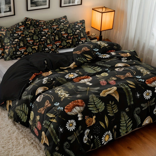 Duvet Cover Set 3-Piece Forest Mushroom Pattern – Soft Polyester Bedding with Zipper Closure, Twin Full Queen King – Bedroom & Guest Room
