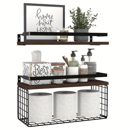 Rustic Wall-Mounted Shelf Sets in Two- or Four-Piece Configurations with Wood Platforms and Black Metal Storage Racks